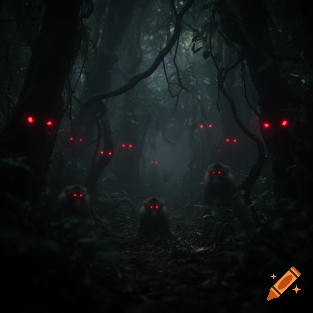 Dark, foggy jungle with numerous glowing red eyes and faint baboon silhouettes peering from the shadows.