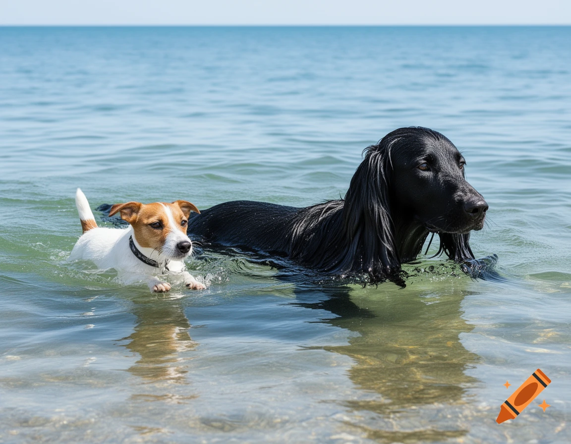 A Jack Russell terrier and a black long-haired dog swim side-by-side in clear blue ocean water.