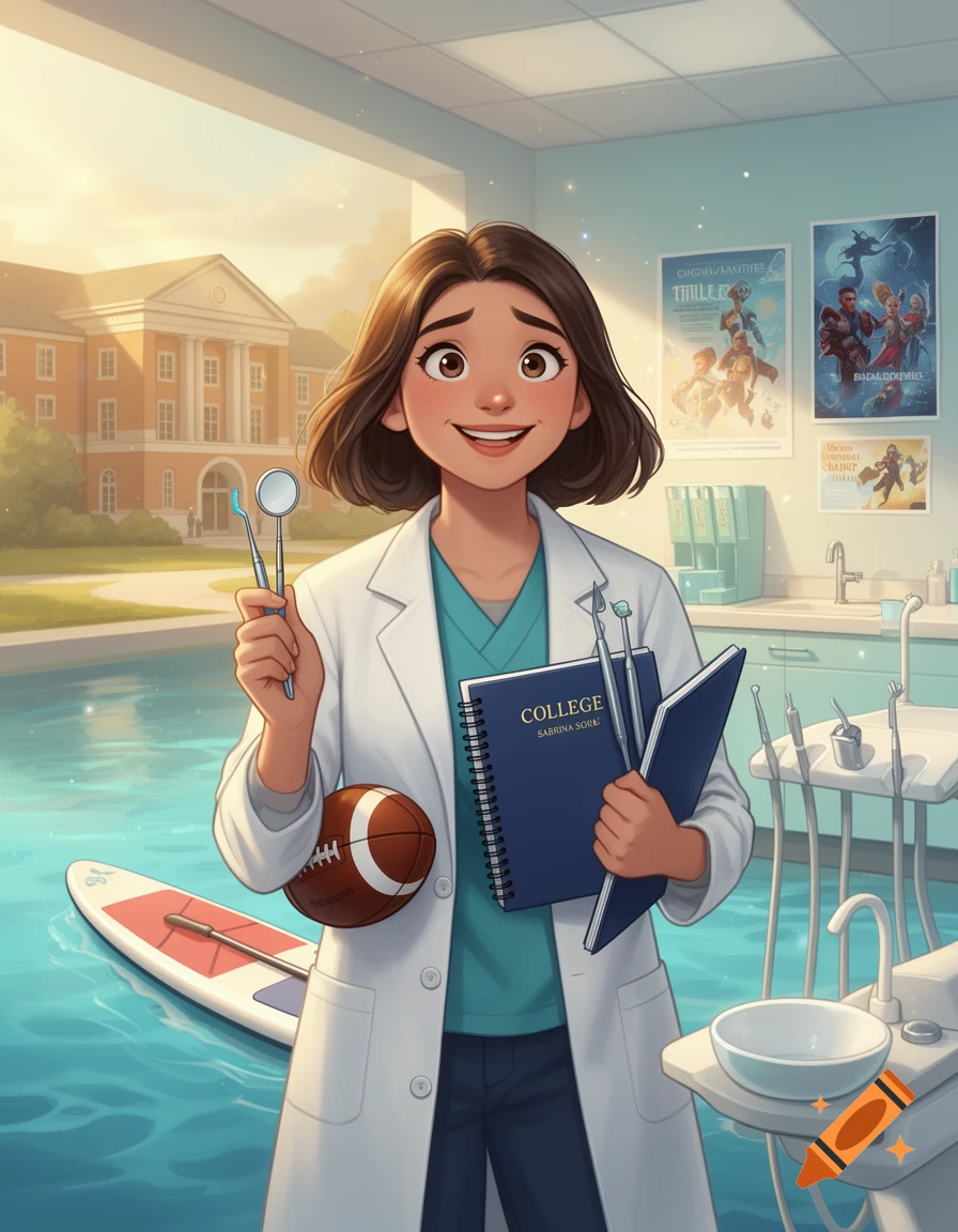 Animated illustration of a smiling college student holding dental tools, a football, and a notebook in a dental clinic.