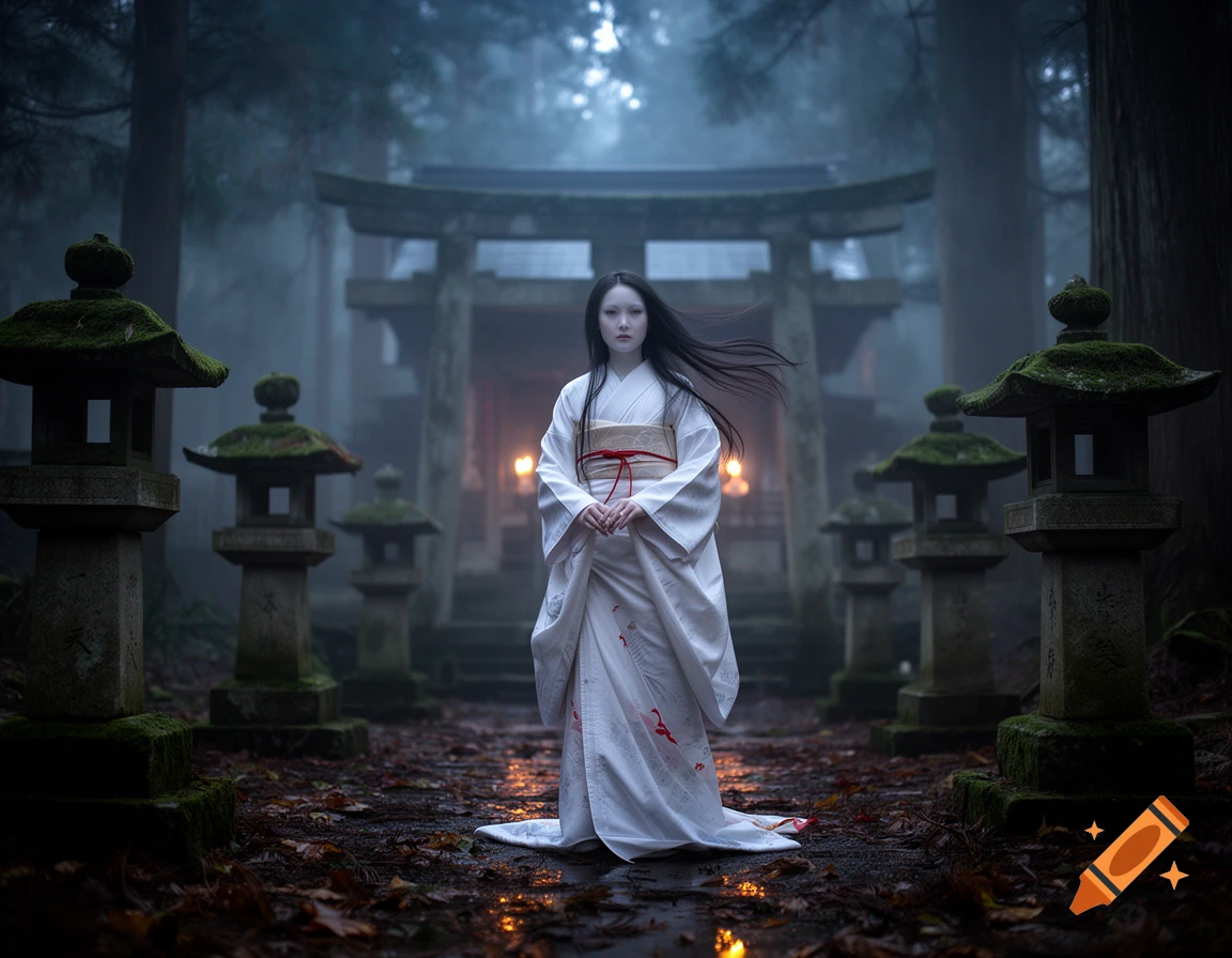 Photorealistic image of a pale-faced woman in a white kimono standing on a mossy path in a foggy Japanese forest with stone lanterns and a torii gate.