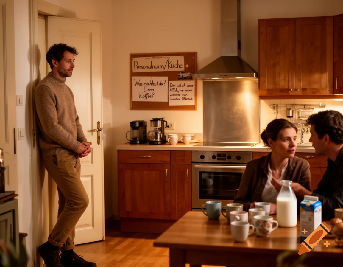 Three people in a cozy kitchen, one man leans against a door frame, two others chat at a table with coffee cups and milk. A corkboard with text is on the wall.