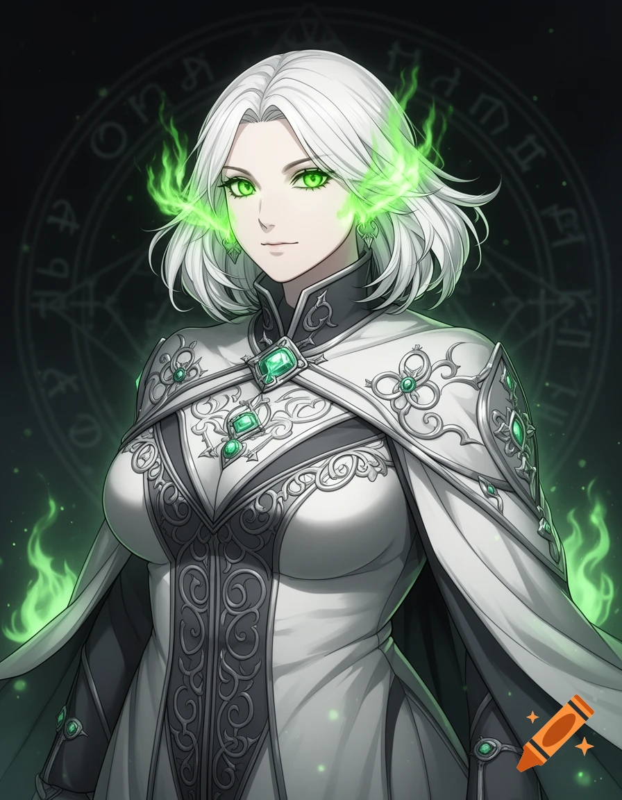 Anime style illustration of a pale woman with short white hair, glowing green eyes, and green flames, wearing white and silver fantasy armor.
