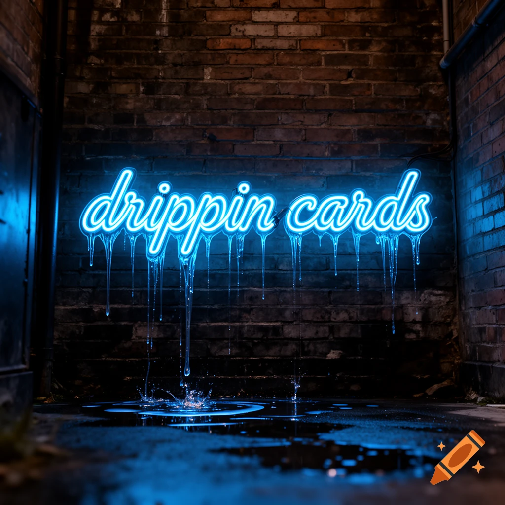 Photorealistic blue neon sign 'drippin cards' leaks water onto a wet, dark brick alleyway floor, creating splashes.