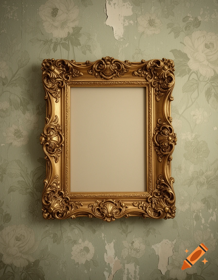 An ornate gold picture frame hangs on a distressed green wallpaper with a floral pattern and peeling paint.