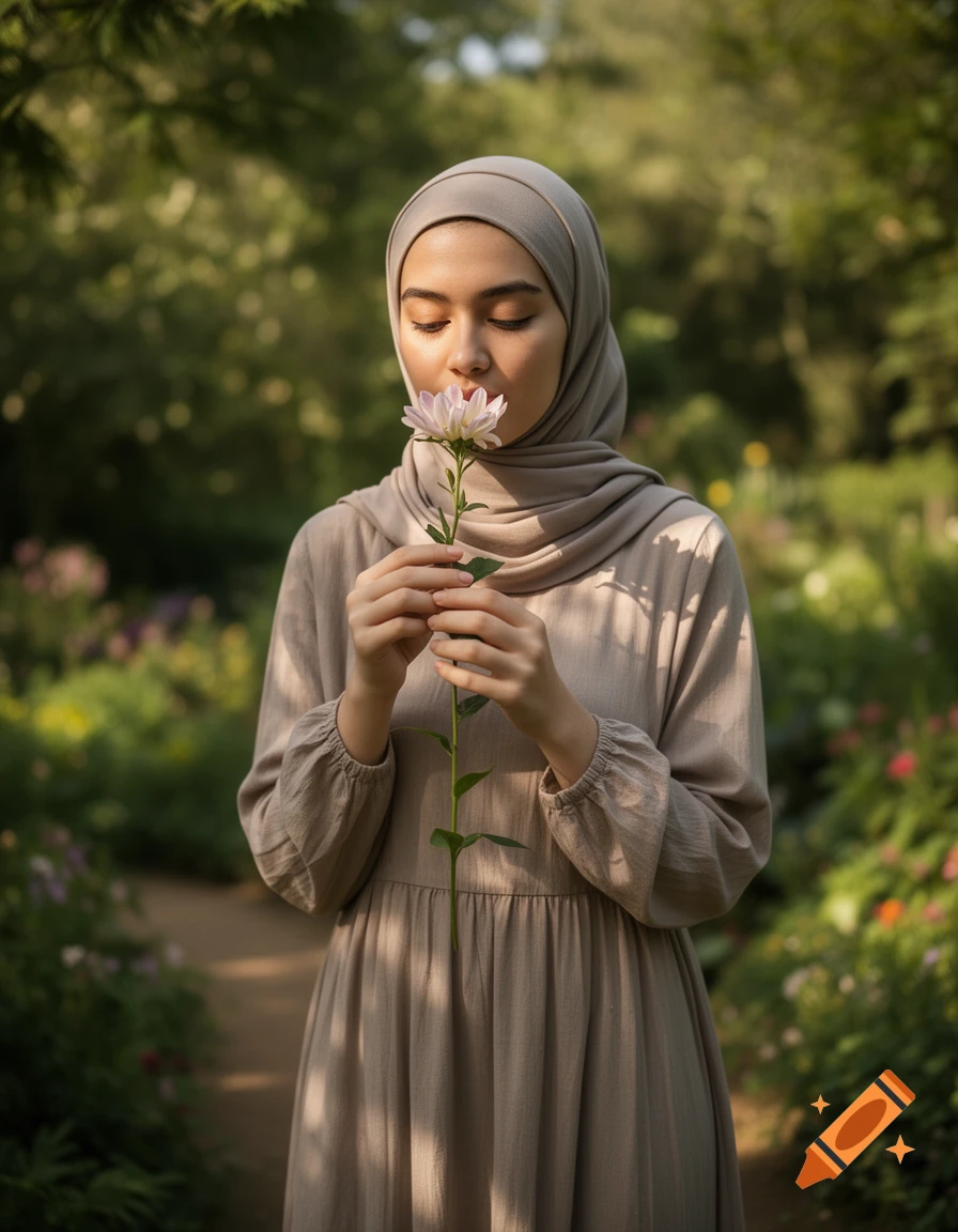 Photorealistic image of a young woman wearing a grey hijab and dress, holding and smelling a light pink flower in a garden.