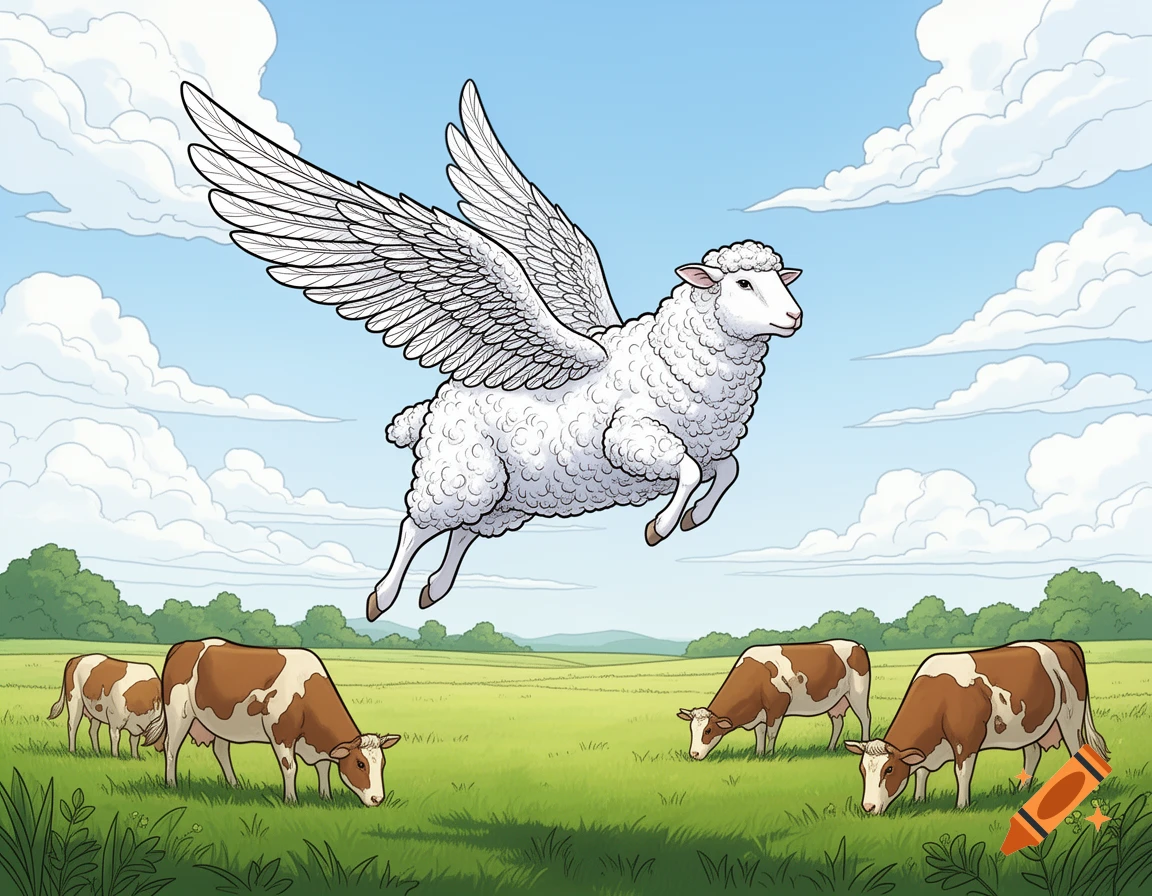 An illustrative image of a white winged sheep flying over a green pasture with brown and white cows grazing.