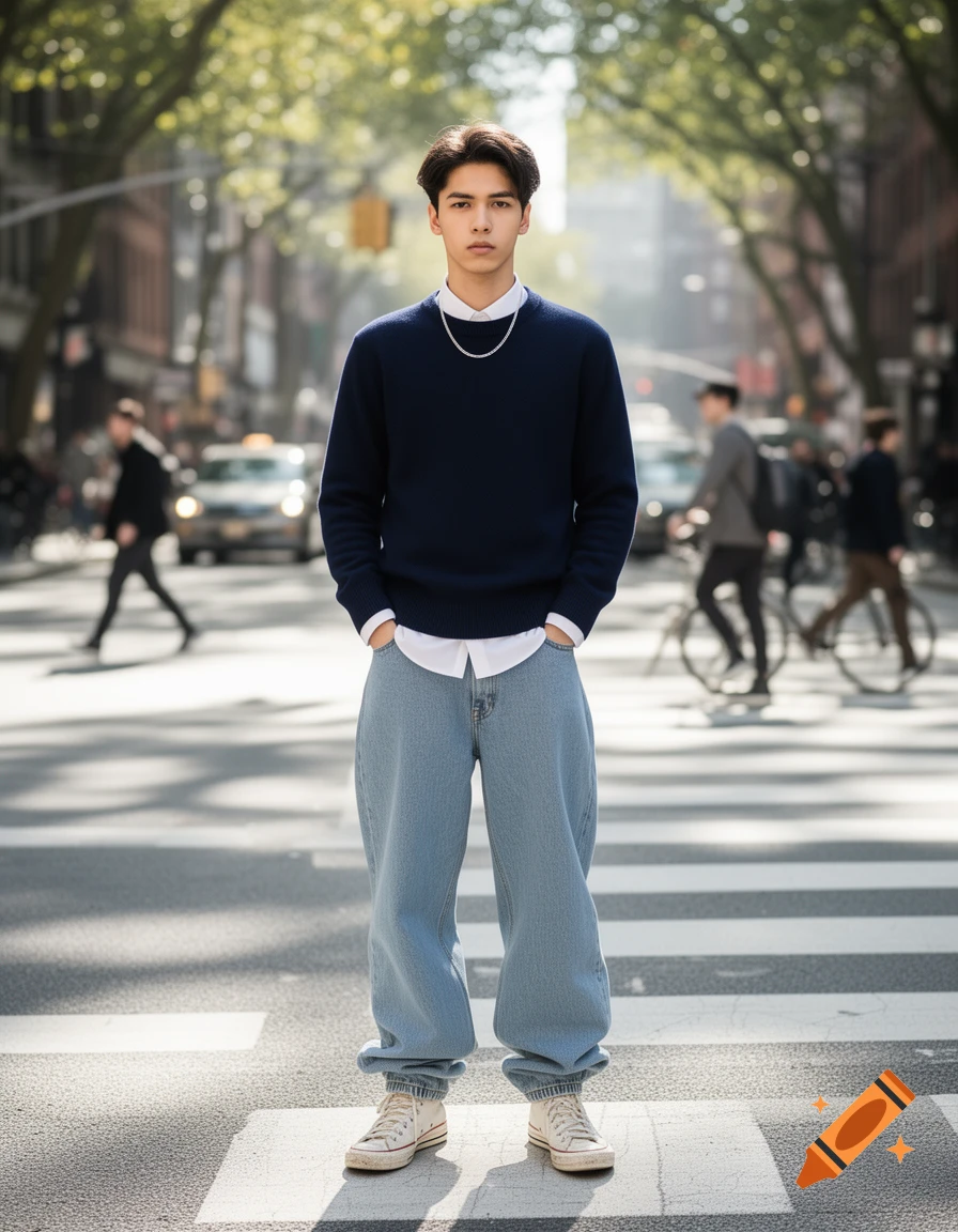 A young man with dark hair wears a navy sweater, white shirt, baggy light blue jeans, and white sneakers, standing on a city crosswalk.