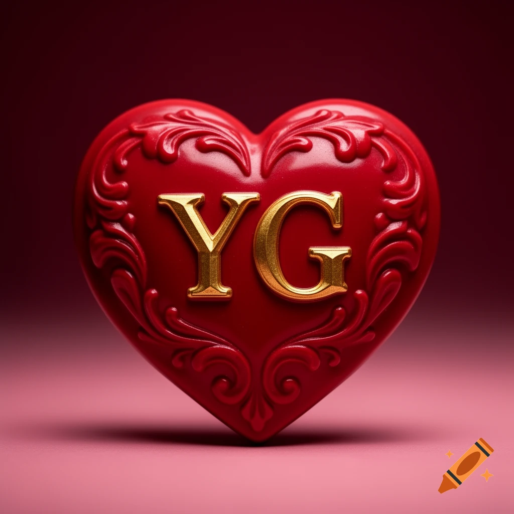 A glossy red heart with ornate carvings and golden initials 'YG' embossed on its center, set against a blurred red and pink background.