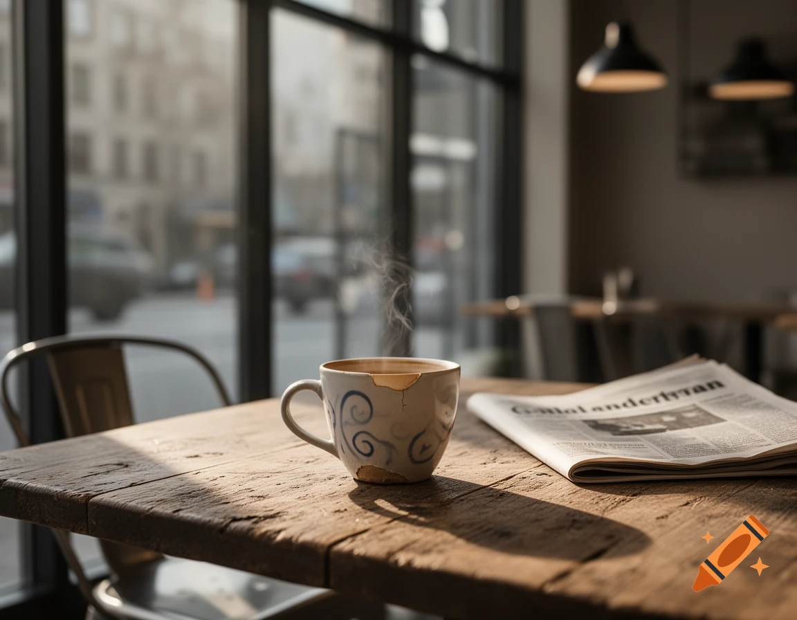A steaming coffee cup and a newspaper sit on a wooden table in a sunlit cafe, with a city street visible outside.