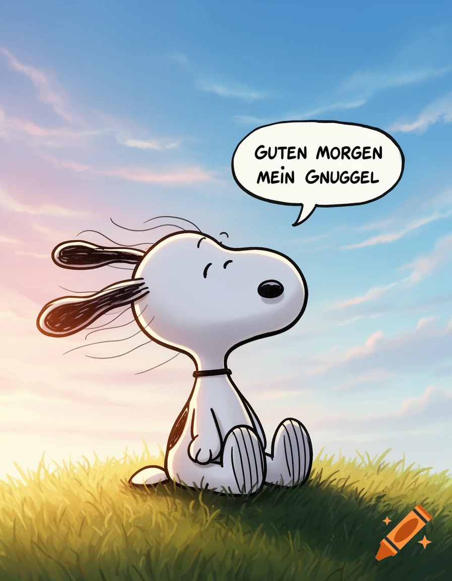 Snoopy cartoon sitting in a grassy field at sunrise, with a speech bubble reading 'Guten Morgen mein Gnuggel'.
