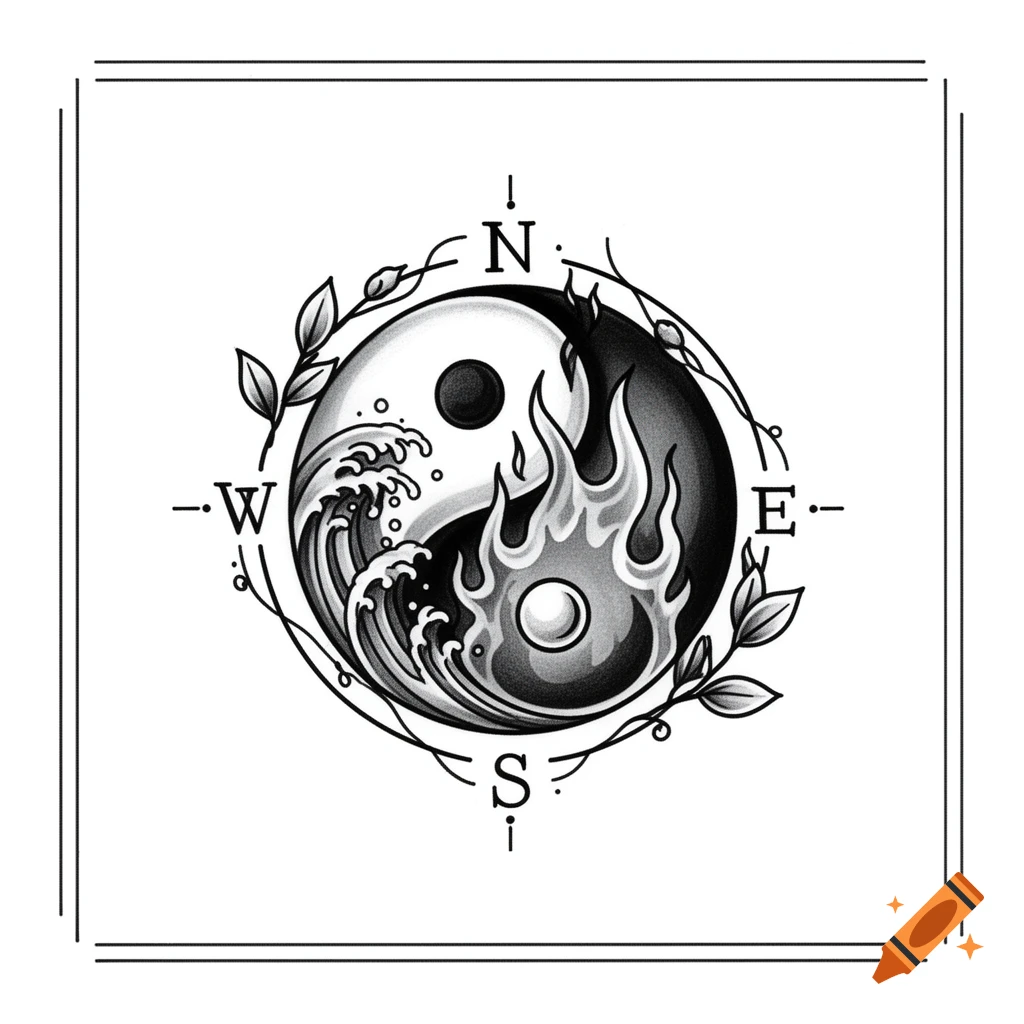 Black and white tattoo art featuring a Yin and Yang symbol with waves and flames, surrounded by a compass and vines.