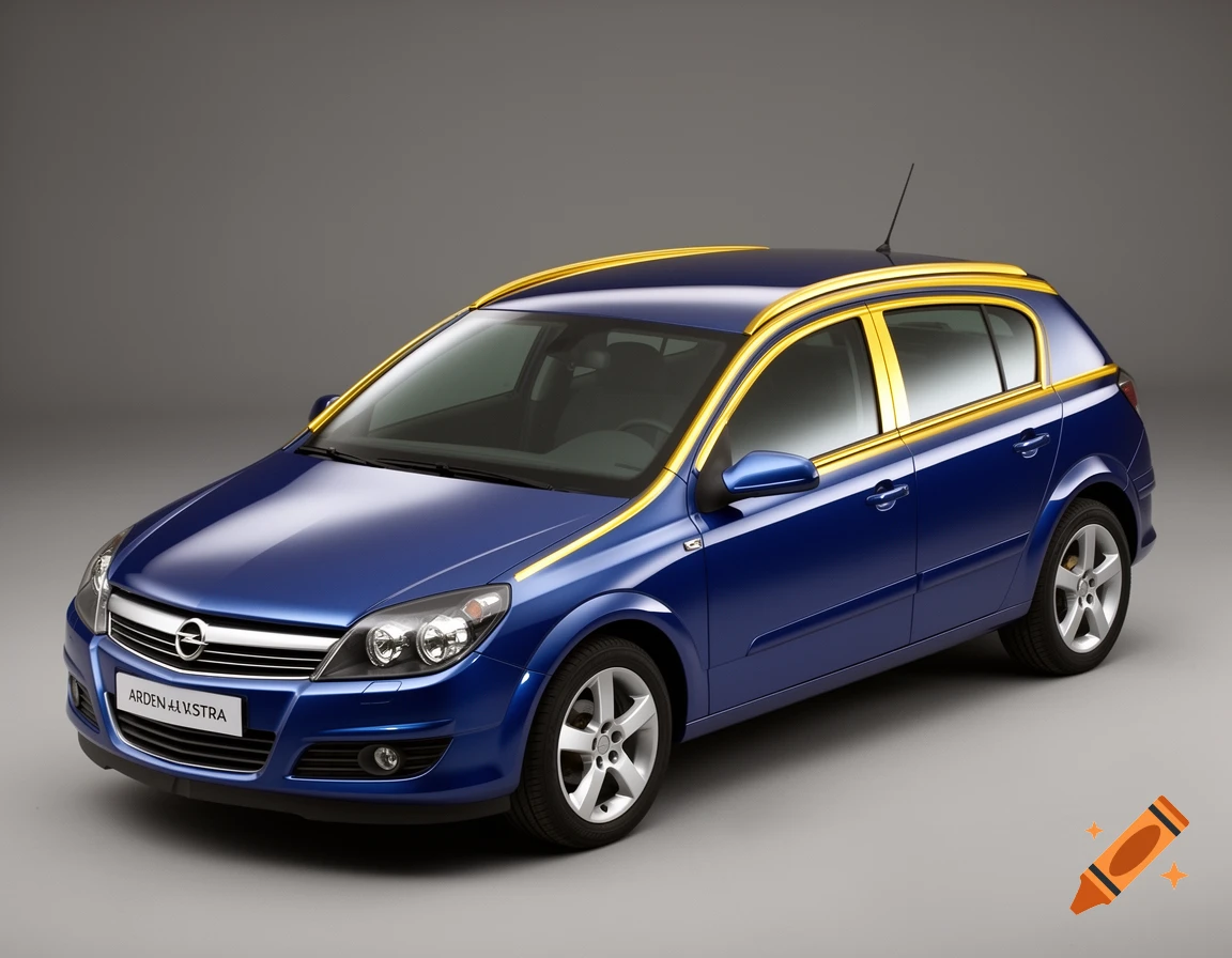Blue Opel Astra hatchback with golden window and roof trim, viewed from the front quarter in a studio setting.