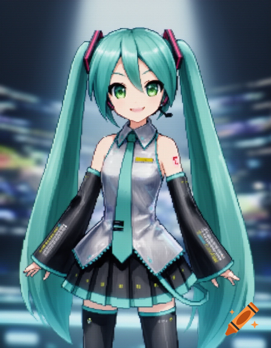 Hatsune Miku in a pixelated, low-quality art style, smiling and looking forward.