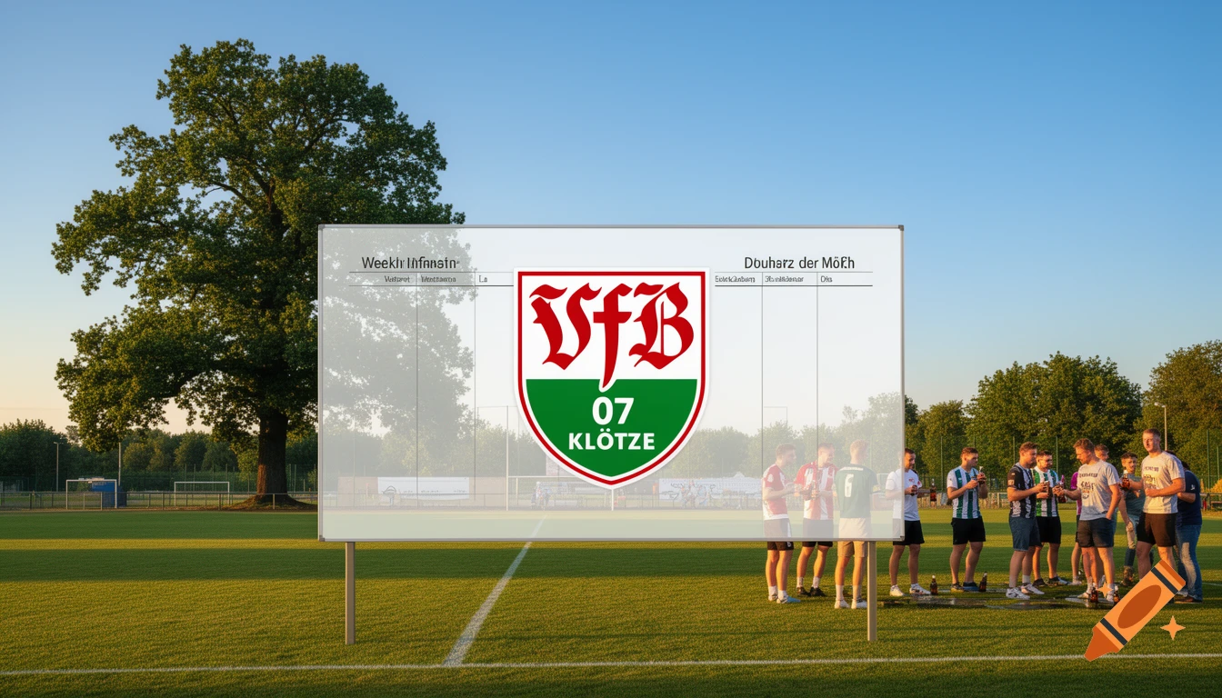 Photorealistic image of a football pitch with a large scoreboard featuring the 'VfB 07 Klötze' logo. A large oak tree and fans drinking beer are in the background.