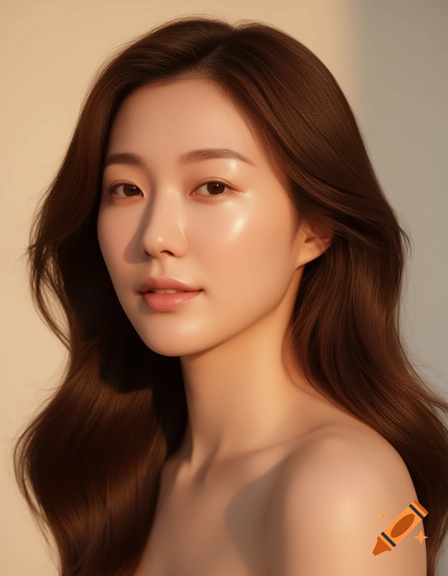 Photorealistic portrait of a young East Asian woman with luminous skin and long brown hair, looking at the camera.