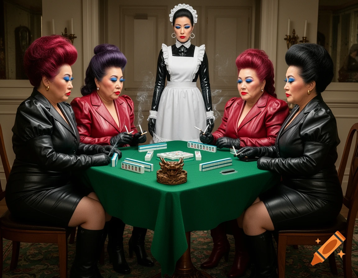 Five women, four in leather outfits with tall beehive hair playing mahjong at a green table, while a maid in a white apron and black latex stands behind them. Photorealistic style.