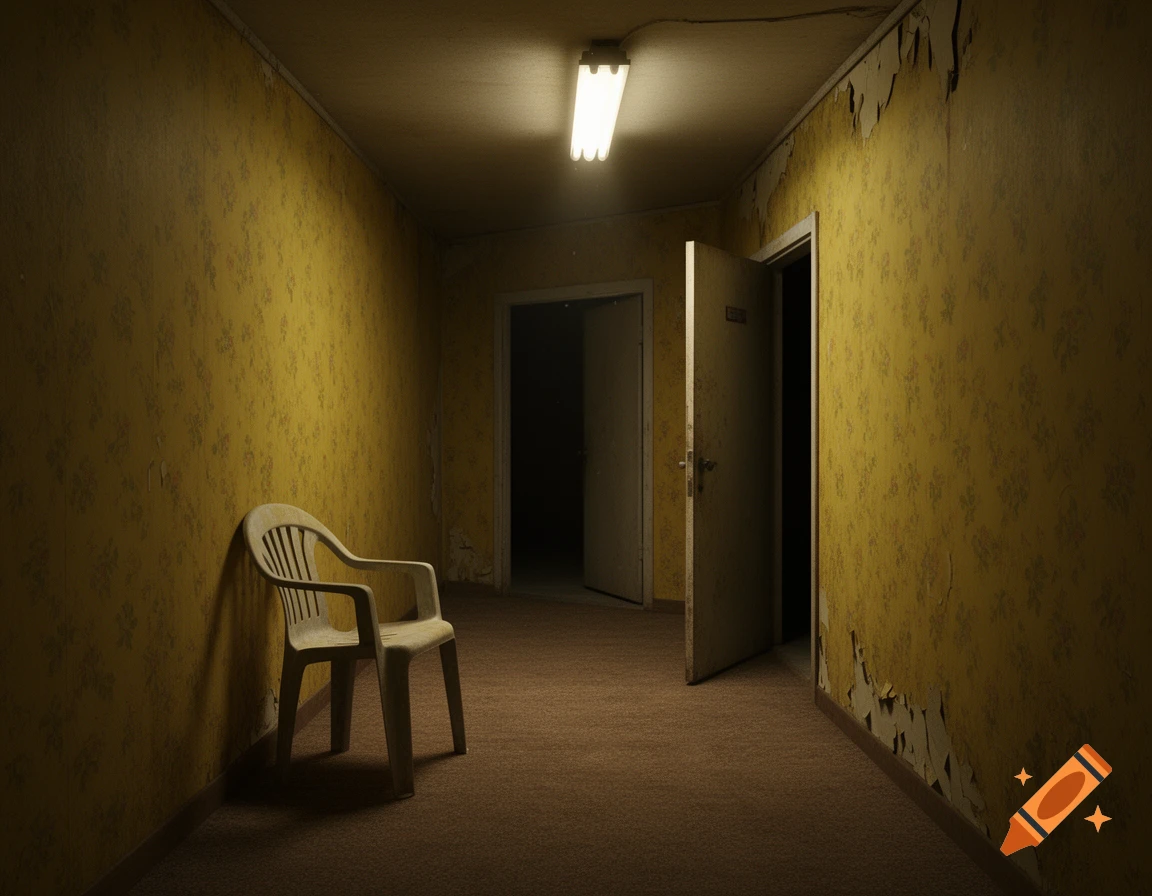 A dim, eerie hallway with peeling yellow wallpaper, an open door, and a white plastic chair, evoking the backrooms aesthetic.
