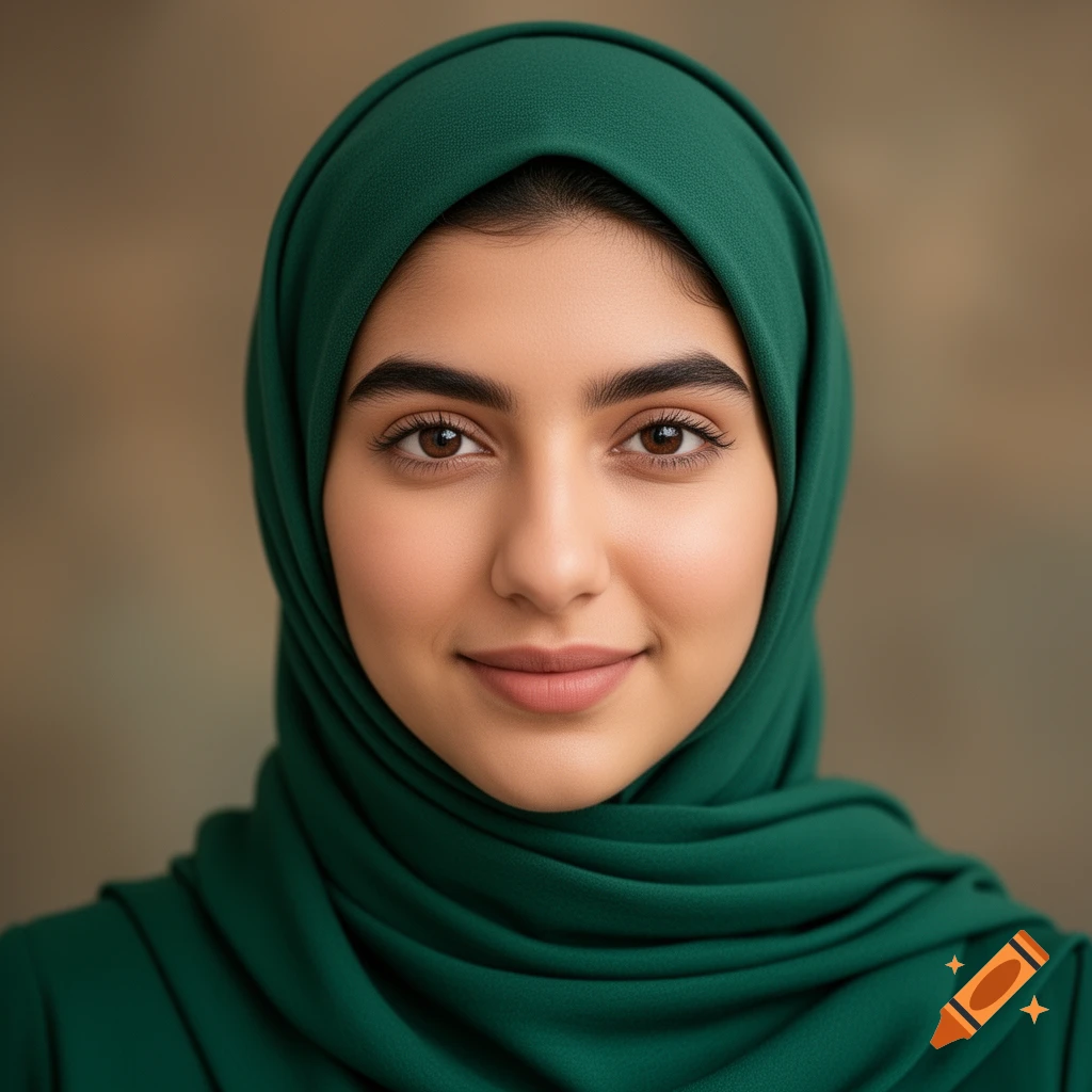 A photorealistic portrait of a young woman wearing a green hijab, smiling slightly.