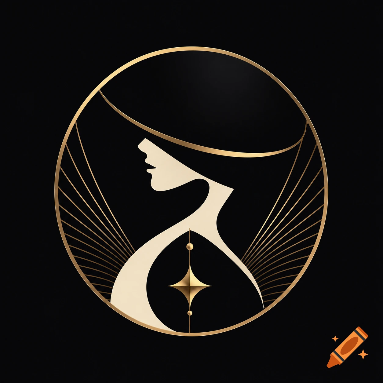 Stylized Art Deco logo featuring a woman's profile in a hat within a gold circle with geometric lines.
