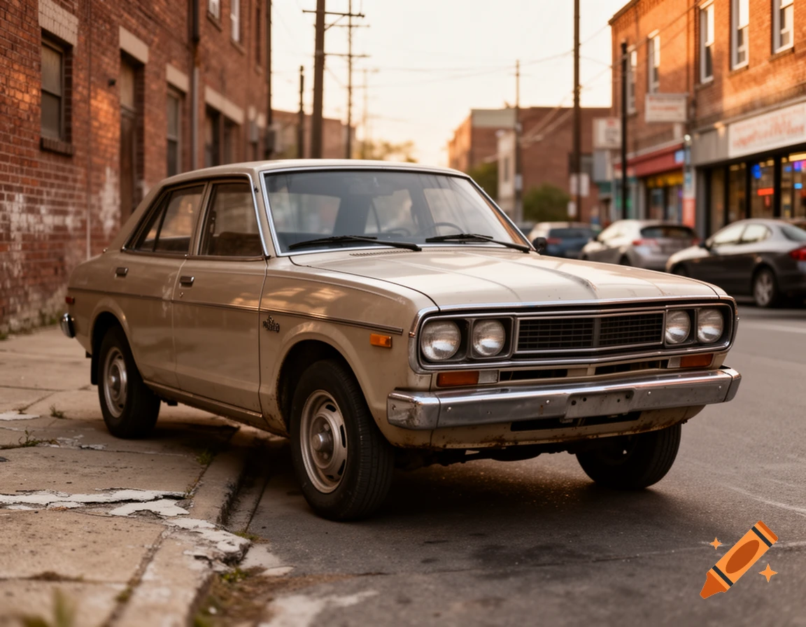 Photorealistic image of a vintage beige car parked on a city street next to a brick building during sunset.