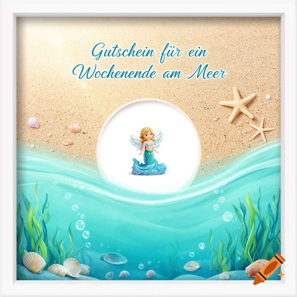 Square gift voucher design with a mermaid, sand beach, seashells, and blue ocean. Text: 'Gutschein für ein Wochenende am Meer'.
