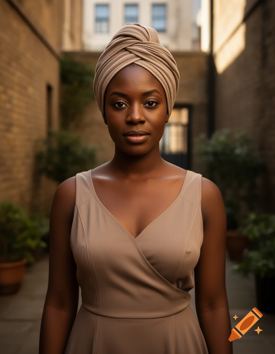 Photorealistic portrait of a Black woman wearing a beige head wrap and matching V-neck dress, standing in an outdoor courtyard.