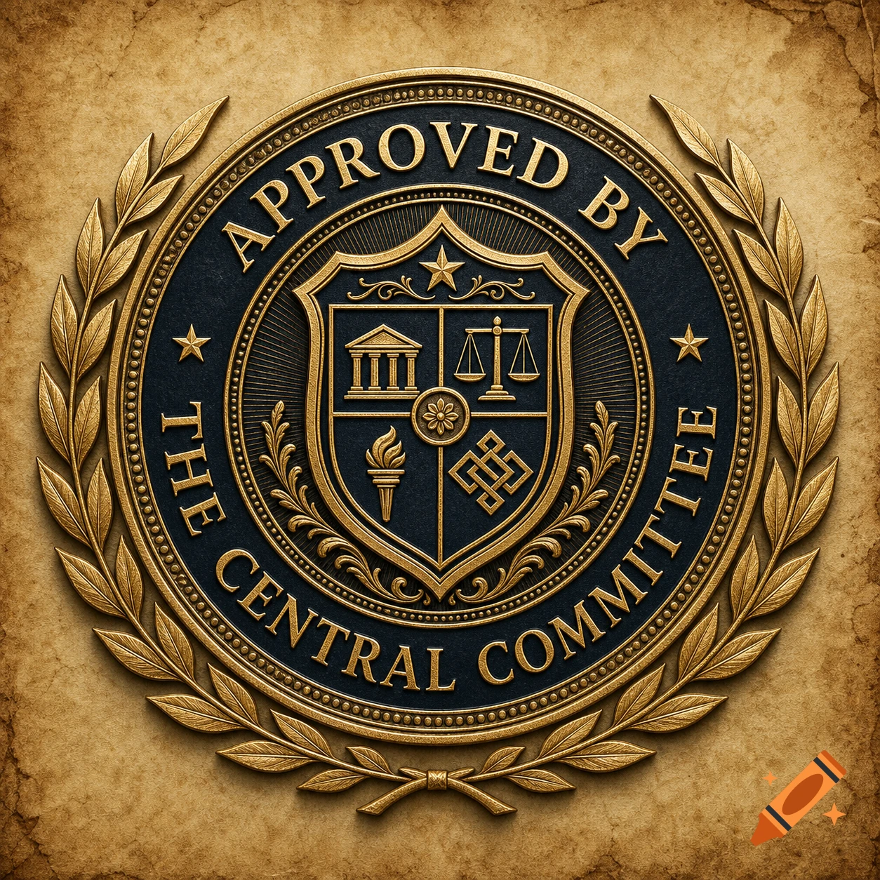 Gold and black circular seal with 'APPROVED BY THE CENTRAL COMMITTEE' text, surrounded by laurel wreaths on parchment.