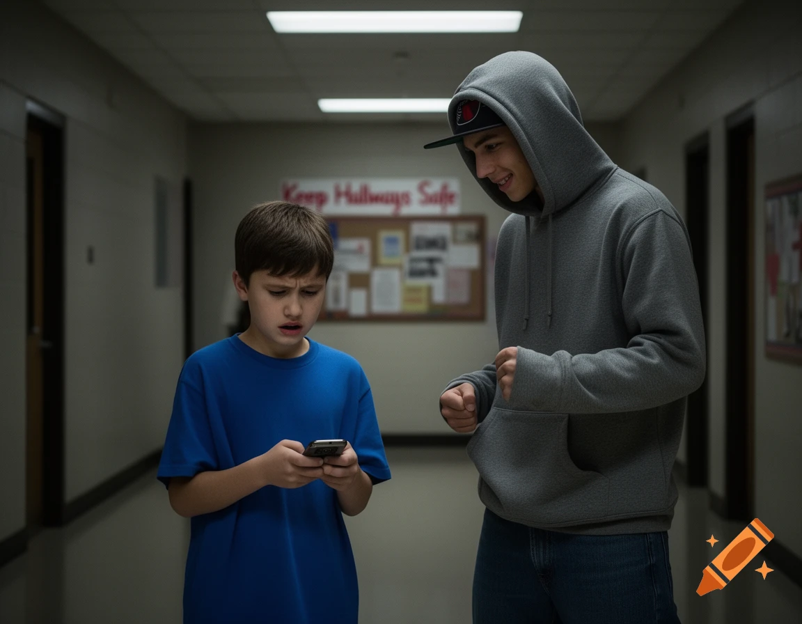 A larger boy in a hoodie and cap threatens a smaller boy holding a phone in a school hallway, depicting bullying.
