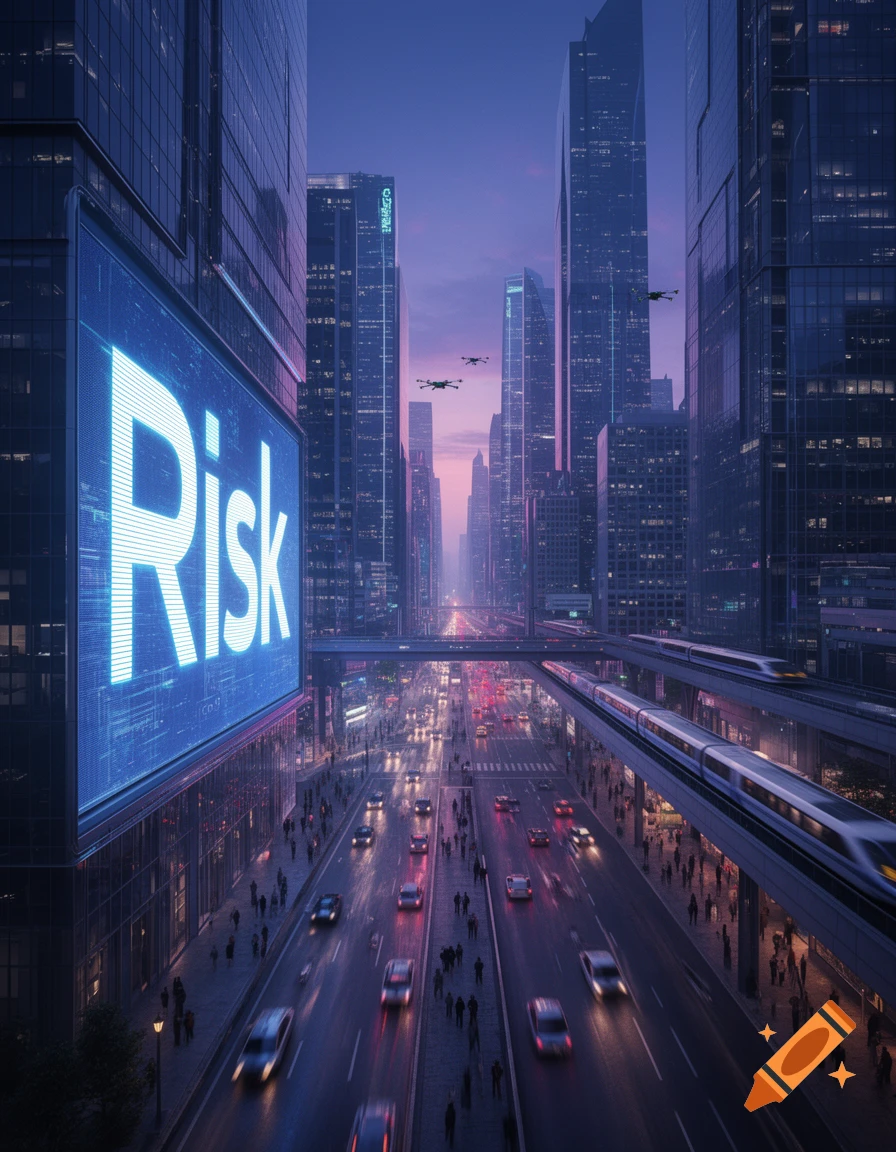 A futuristic cityscape at twilight with skyscrapers, busy traffic, an elevated train, and drones, dominated by a large billboard displaying the word 'Risk'.