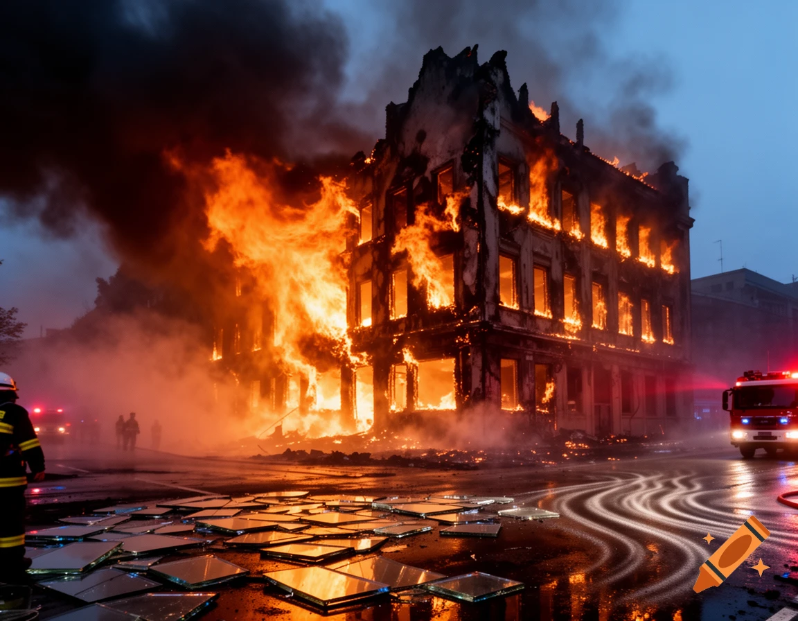 Photorealistic image of a multi-story building engulfed in flames at dusk, with firefighters and a fire truck on the wet street.