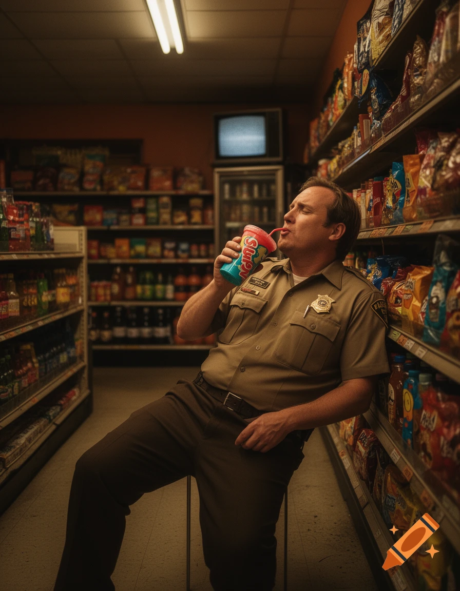 A man in a sheriff's uniform leans against a shelf in a dimly lit convenience store aisle, drinking from a large cup with a straw.