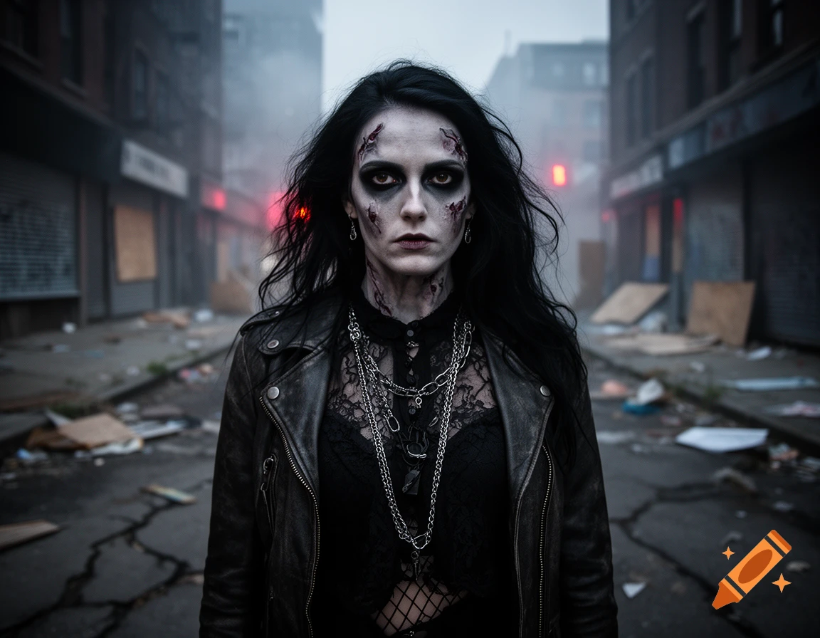 Photorealistic portrait of a goth zombie woman with dark hair and pale, scarred skin standing in a desolate street.