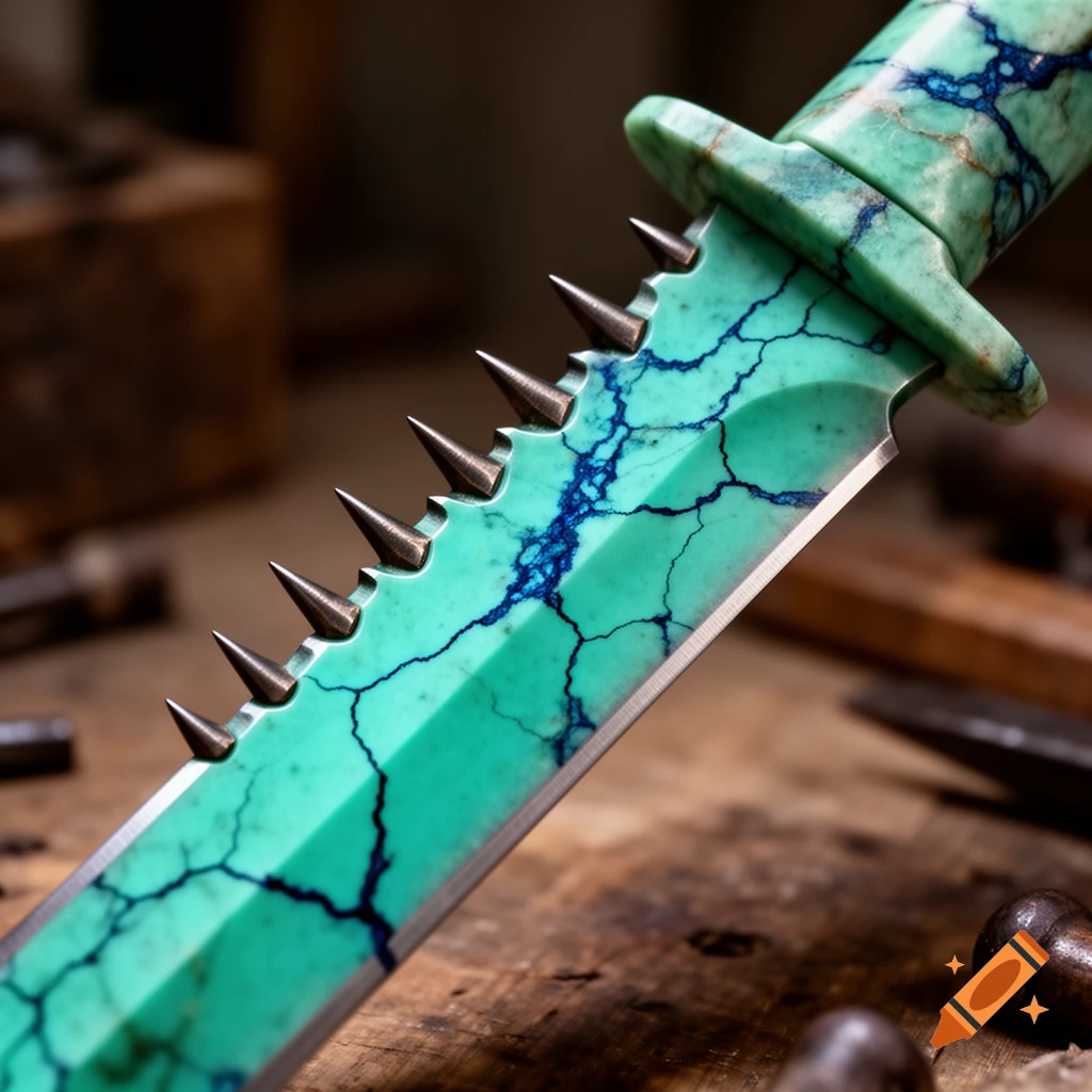 Close-up of a decorative dagger with a turquoise and dark blue cracked pattern on its blade, featuring sharp spikes along one edge.