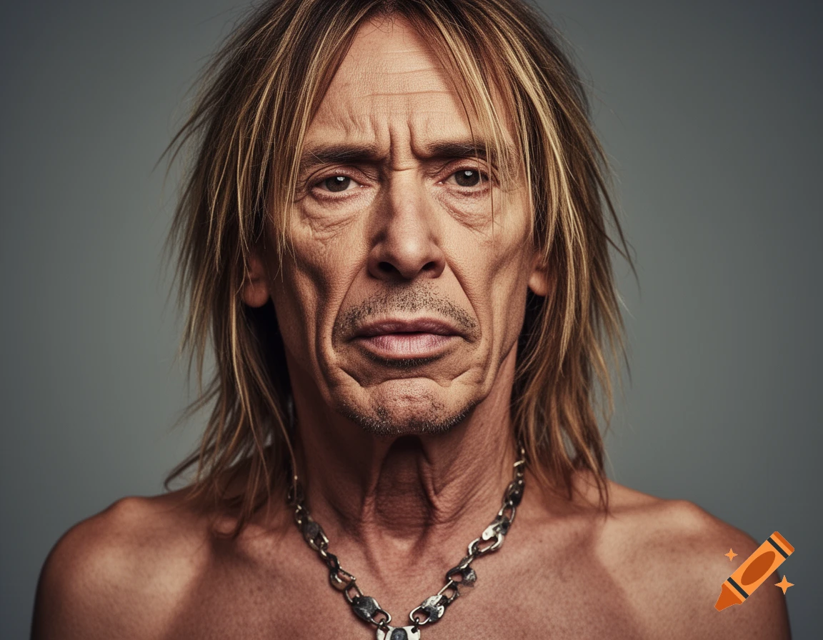 A photorealistic portrait of Iggy Pop, shirtless with long blonde hair, a serious expression, and a chain necklace.