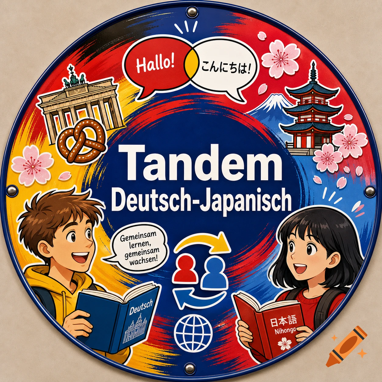 A colorful round metal sign for Deutsch-Japanisch Tandem learning, featuring two anime-style students, German and Japanese cultural symbols, and various speech bubbles with greetings.
