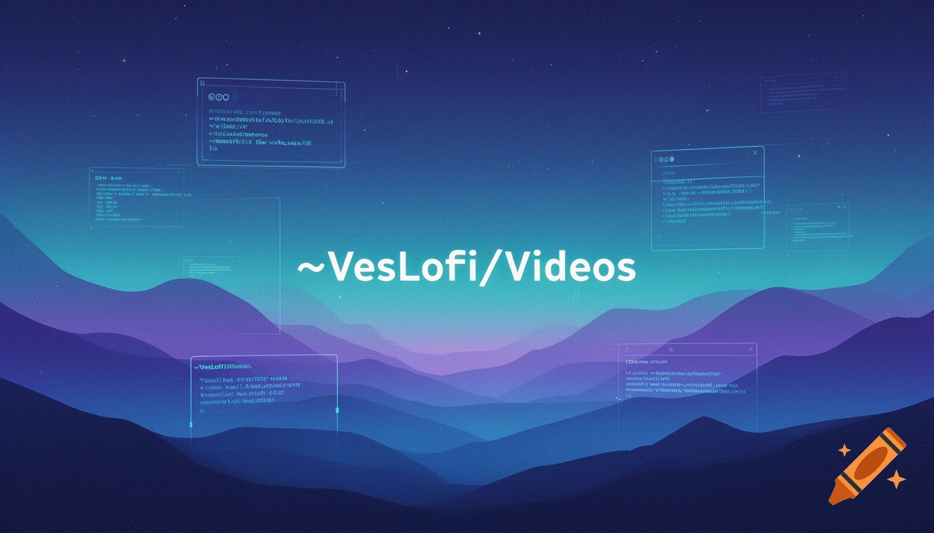 Abstract digital landscape at night with glowing text '~VesLofi/Videos' and floating terminal windows, in blue, purple, and turquoise.