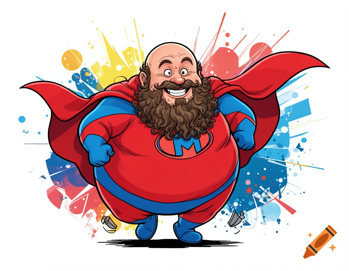 A bald, overweight cartoon superhero with a big beard and mustache, wearing a red and blue costume with a red cape and an 'M' emblem on his chest. He smiles broadly against a vibrant, splattered background.