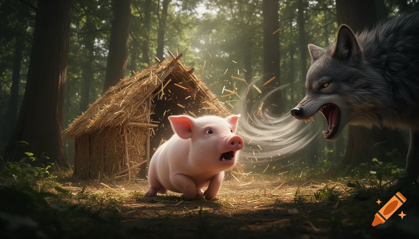 A terrified pig watches a ferocious wolf blowing down its straw house in a dark, sunlit forest, photorealistic.