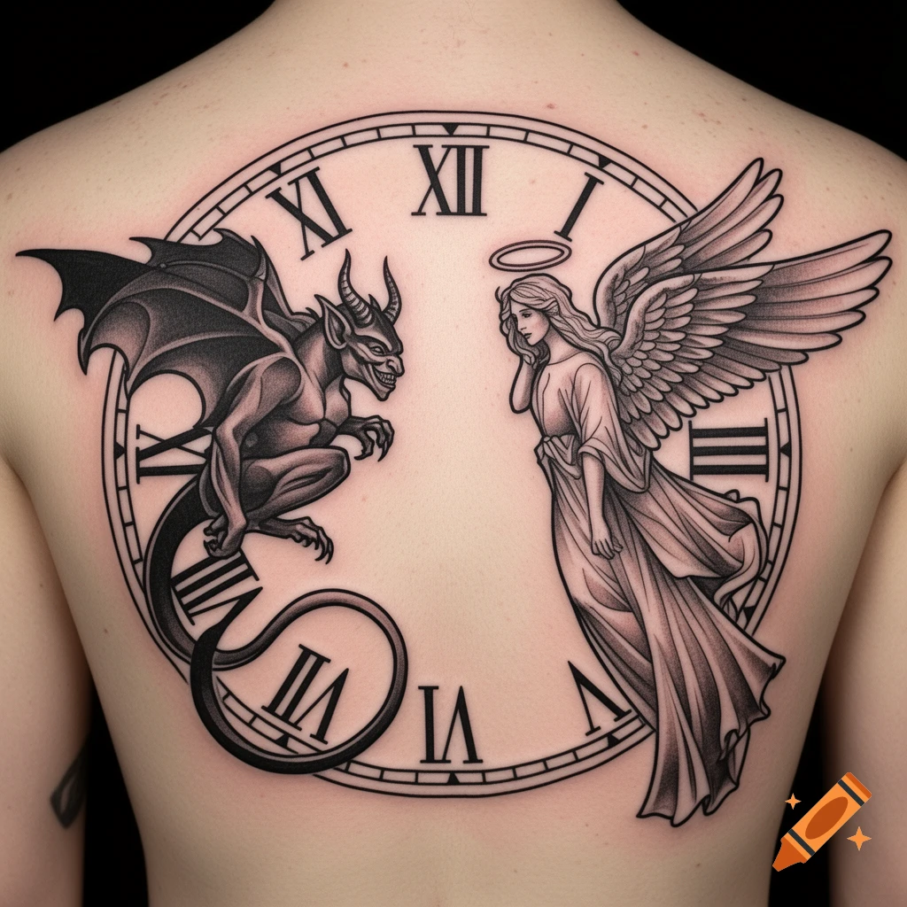 Black and grey tattoo on a person's back depicting a devil and an angel on opposite sides of a clock face with Roman numerals.