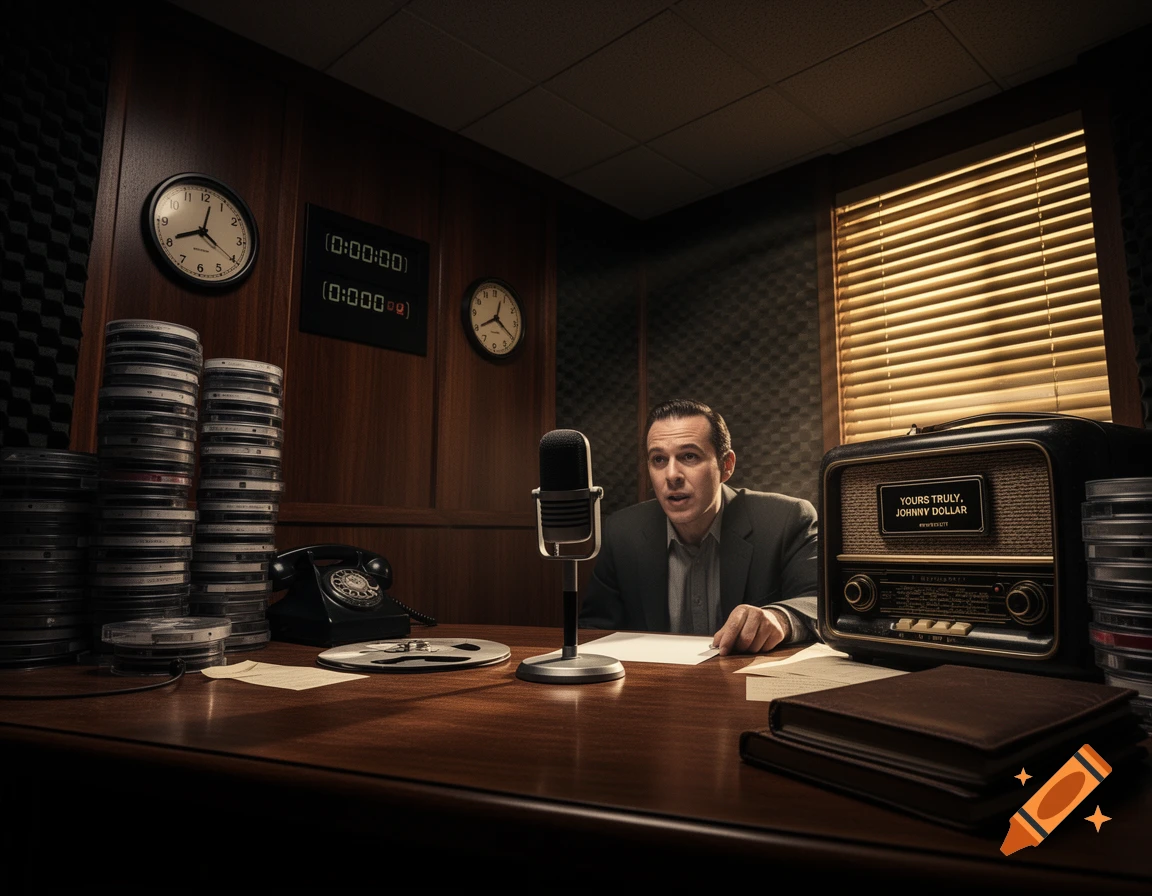 A man in a suit speaking into a vintage microphone in a dark, wood-paneled recording studio with old equipment and film reels.