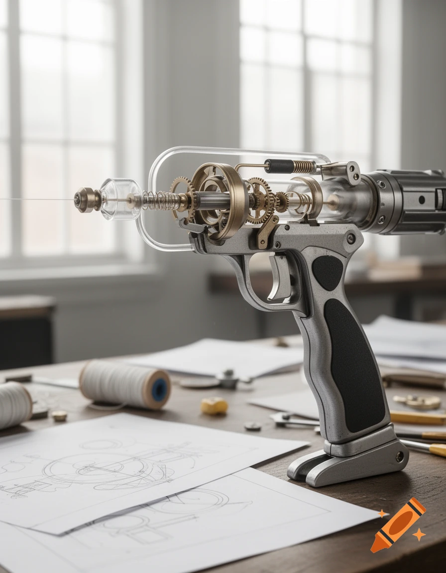 A detailed steampunk-style web-shooter with visible gears and glass tubing sits on a workbench with blueprints.
