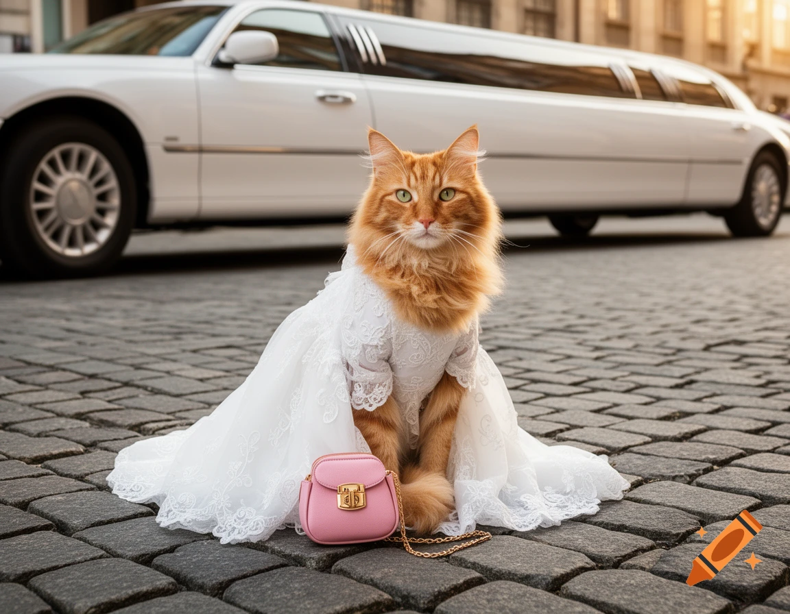 An orange cat in a white wedding dress and a pink purse sits on a cobblestone street with a white limousine behind it.
