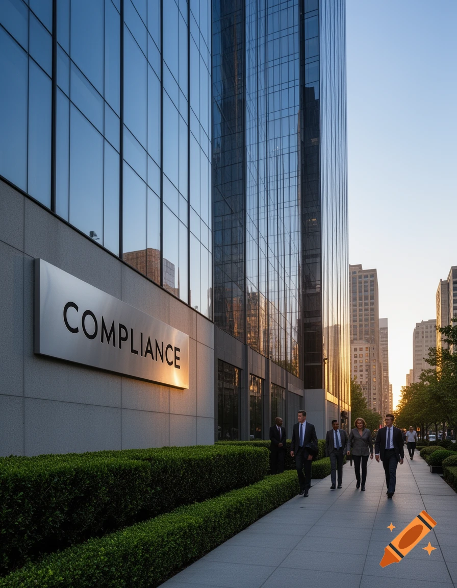 Photorealistic image of a modern office building with a 'COMPLIANCE' sign, people in business attire walk on a city sidewalk.