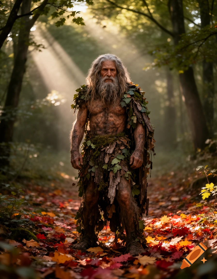 An old man with a long grey beard and hair, covered in leaves, stands in a sun-dappled forest with autumn leaves on the ground.