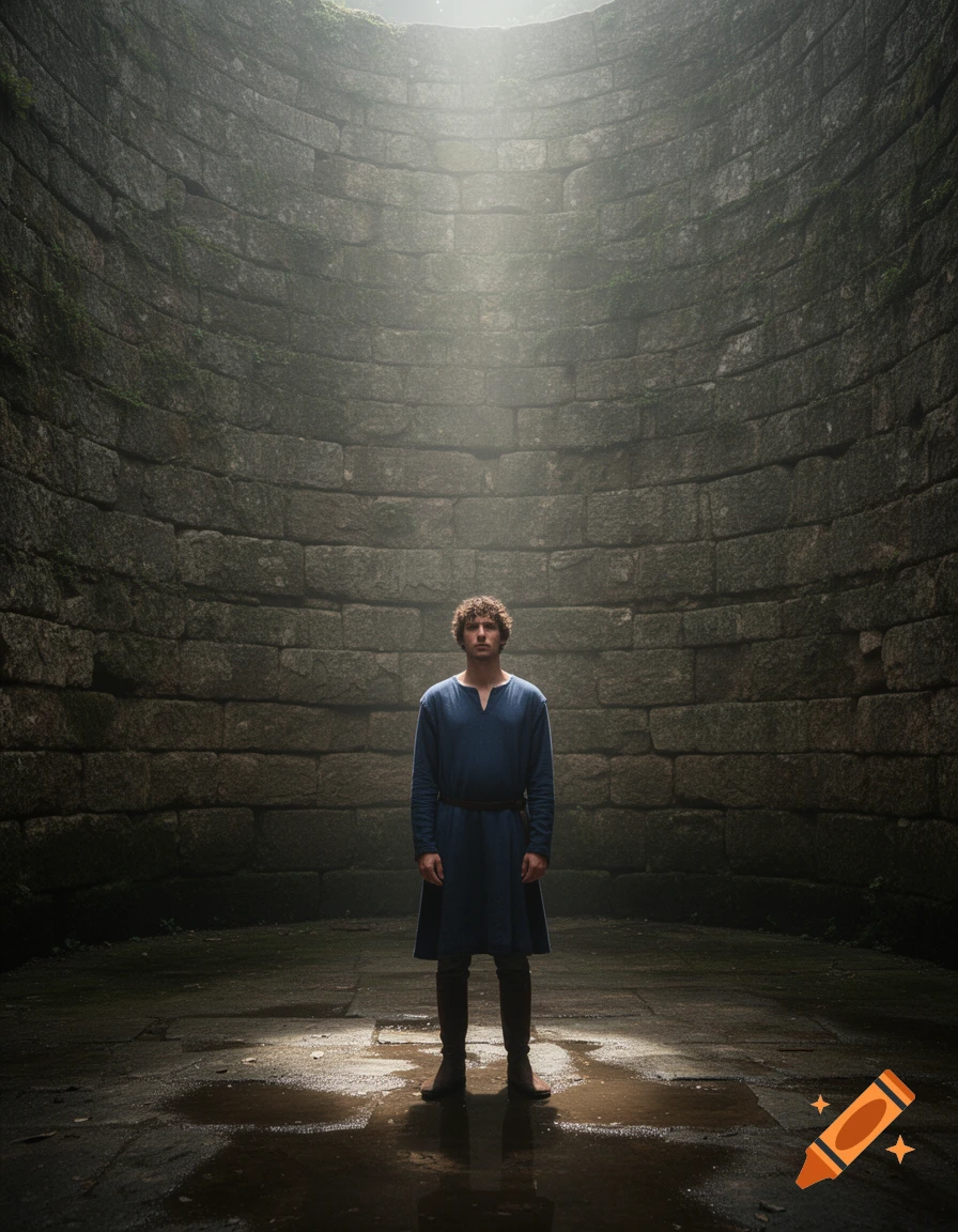 A young man in a blue tunic stands in a deep, circular stone well, looking up at a bright light filtering from above.