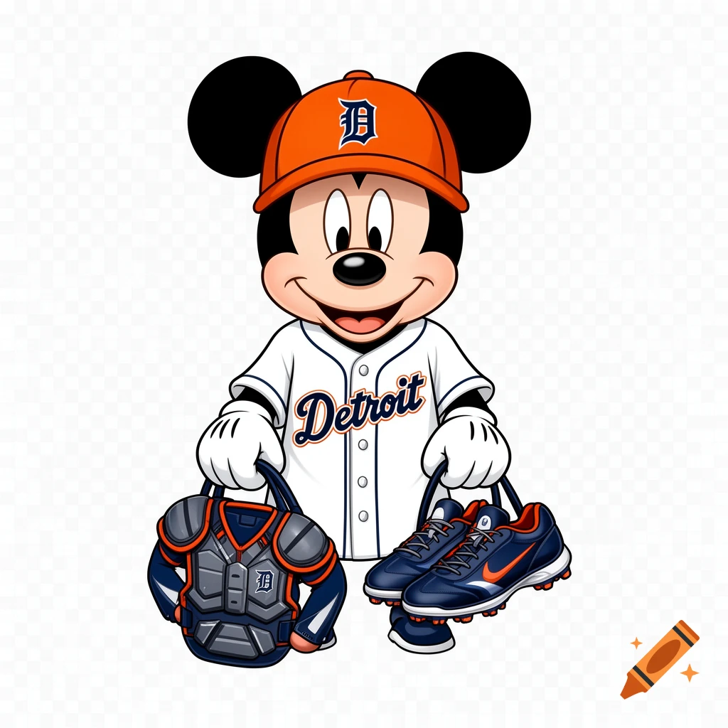 Mickey Mouse wearing an orange and white baseball uniform, including a cap and jersey, holding baseball catcher's gear and cleats.