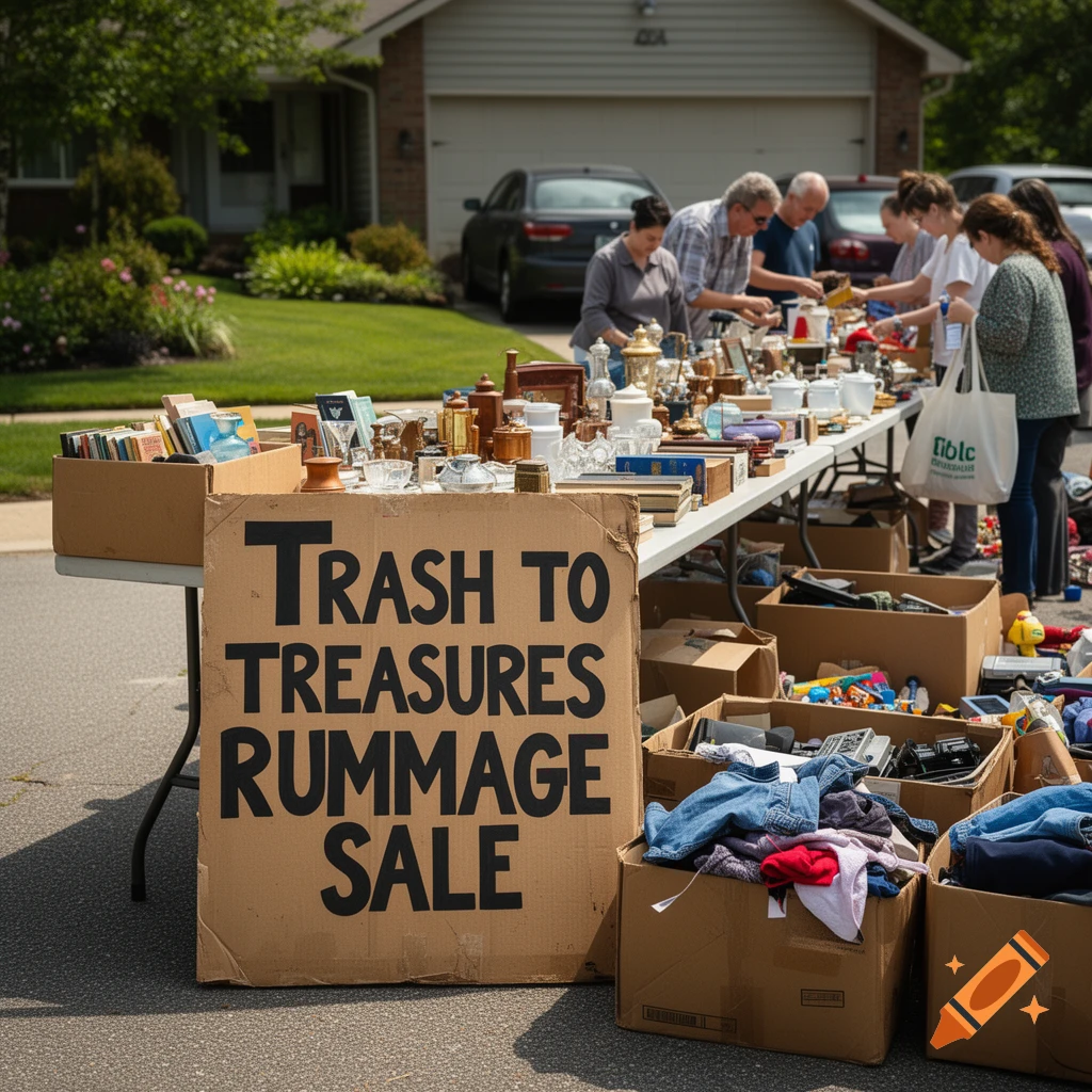 Photorealistic image of a neighborhood rummage sale with a large cardboard sign reading 'Trash to Treasures Rummage Sale' in the foreground.