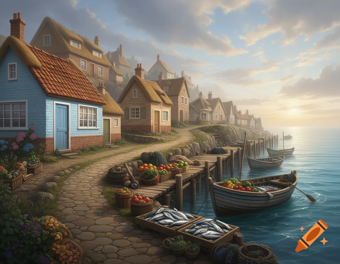 A serene coastal village featuring thatched-roof houses, a stone path, and wooden docks with fishing boats and produce at sunrise.
