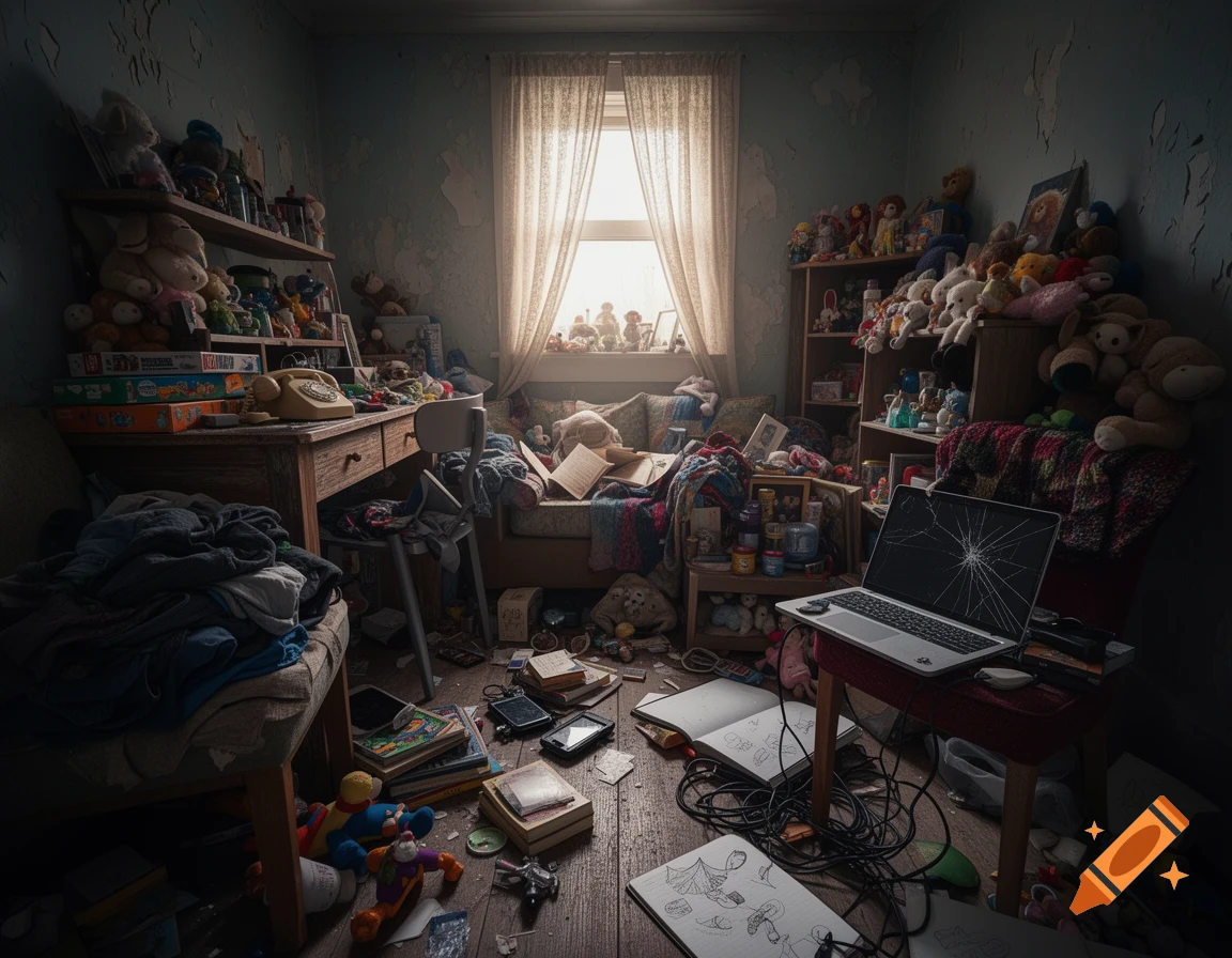 A dark, photorealistic image of a very messy, cluttered room filled with books, clothes, toys, and a cracked laptop.