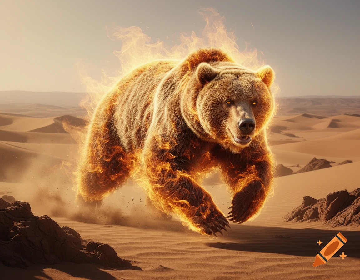 A fiery grizzly bear with glowing eyes leaps through a sandy desert landscape under a clear sky.